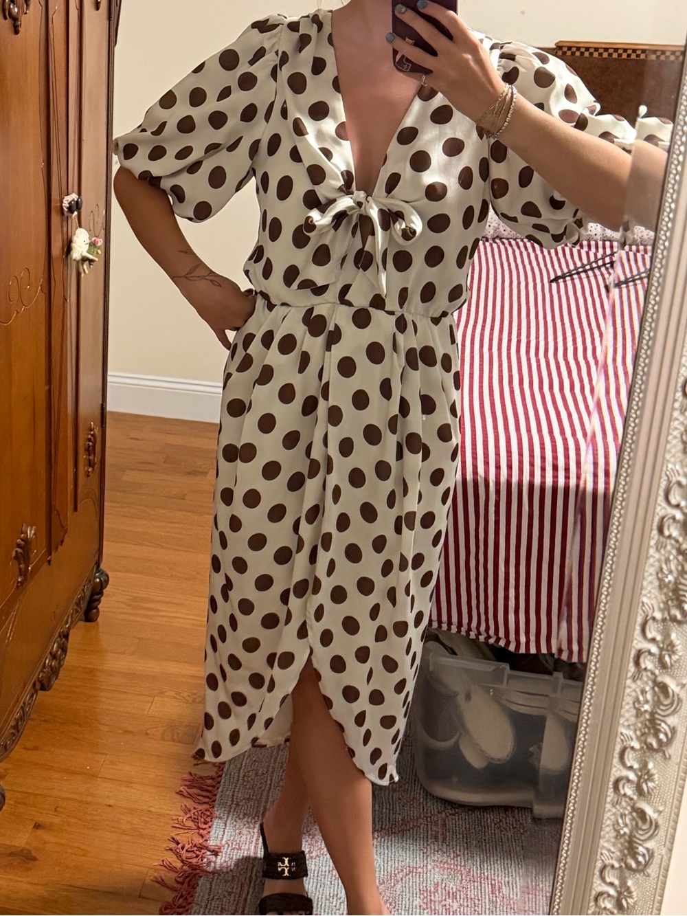 Cream Midi Dress with Brown Polka Dots and Front Tie